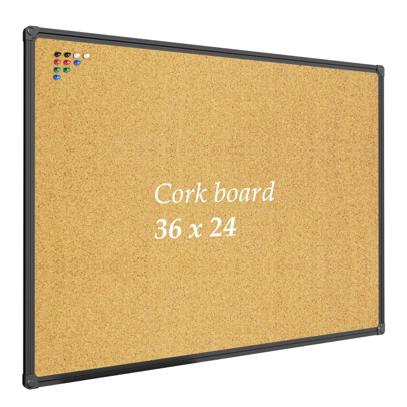 JILoffice Corkboard Bulletin Board 36 x 24 Notice Board, Black Aluminum Frame Wall Mounted Board for Office Home and School with 10 Push Pins - Image 1